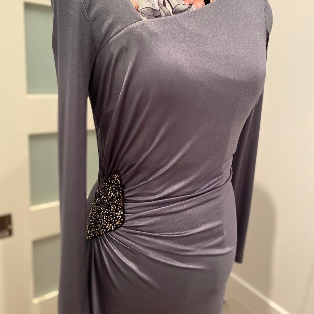 Cachet silver bodycon evening dress with rouching and embellishments. Size 4